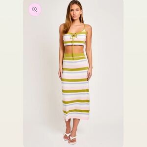 Le Lis Striped Green Pink Blue & White Summer Midi Skirt and crop top set LG